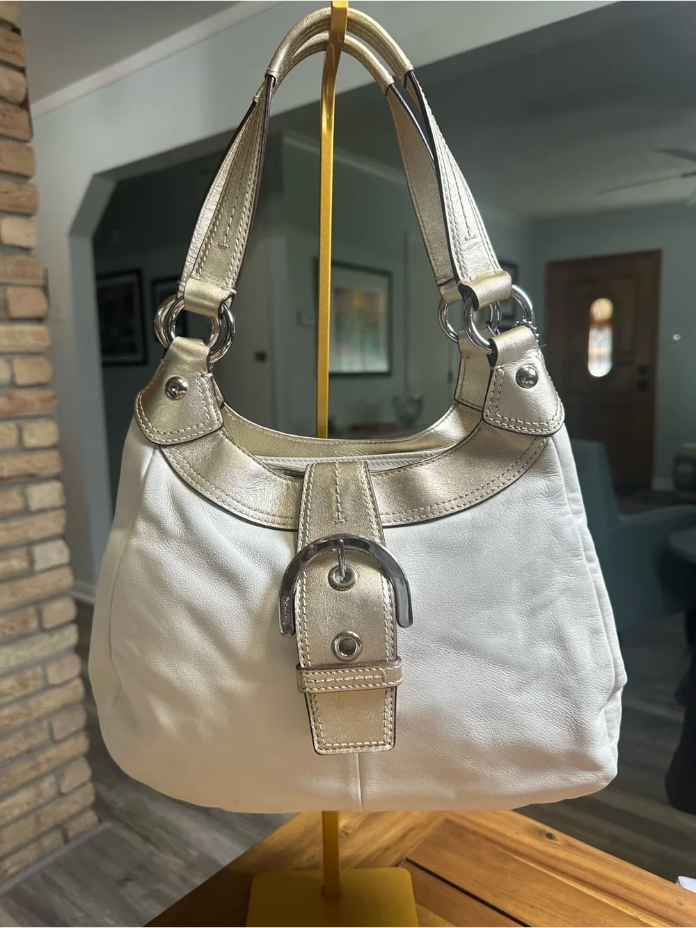 Coach Lynn SoHo White Smooth Leather Shoulder Bag with Gold Trim